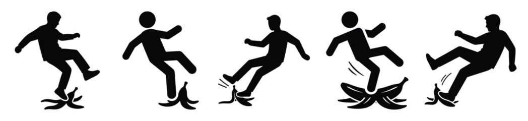 Silhouette of slipping banana peel vector icon set. Funny silhouette design vector stock illustration
