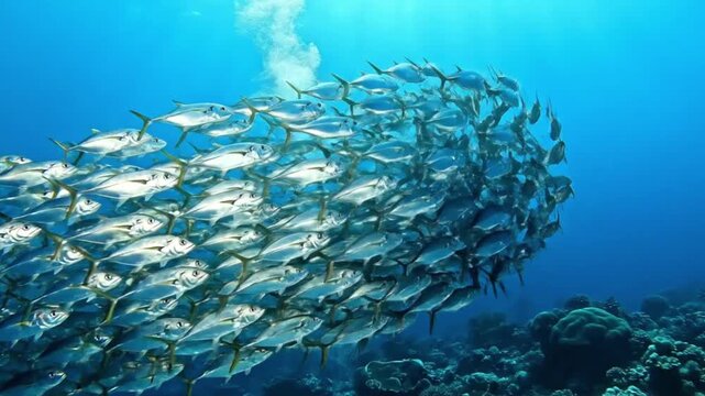 Massive school of shimmering silver fish tightly packed together swimming in the bright blue tropical ocean water near coral