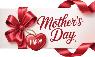Happy mother's day greeting card with red heart and ribbon