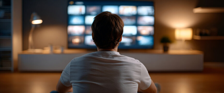 Young man sitting on floor watching multiple screens on a large TV in a cozy dimly lit living room at night