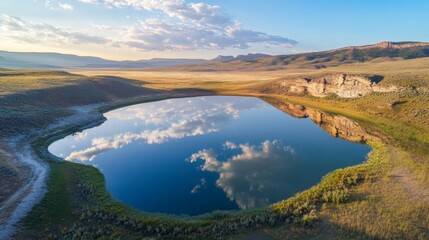 Obraz premium Aerial view of a serene lake surrounded by rolling hills at sunset nature photography tranquil landscape scenic environment