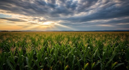 Vast corn field under dramatic sunset sky with sun rays breaking through dark clouds