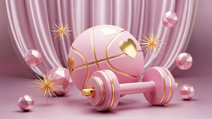 Pink basketball and dumbbell with hearts and gold accents. Valentines Day fitness and sport concept for love and health.