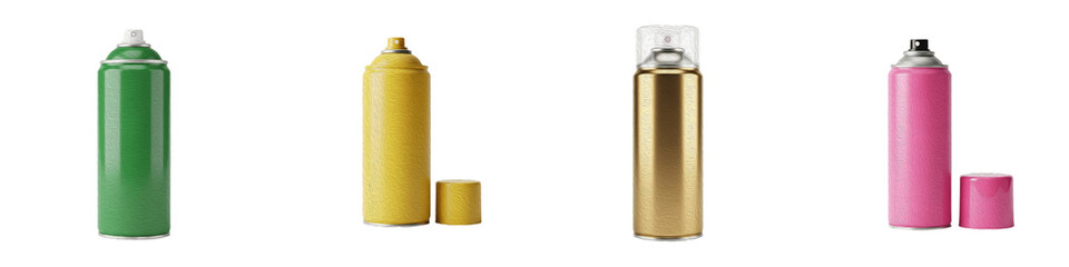spray paint cans, graffiti street art supplies, aerosol bottles, green yellow gold pink paint, metal aluminum containers, artistic equipment, isolated on white background © Usman