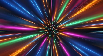 Abstract colorful light speed warp tunnel effect with neon lines moving towards the center