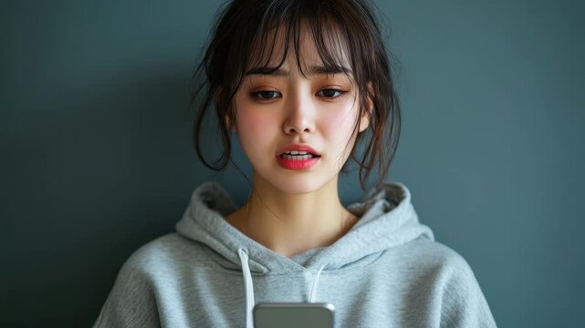 Upset young Asian woman holding smartphone in a casual setting while expressing frustration and concern about a recent event at home or outside