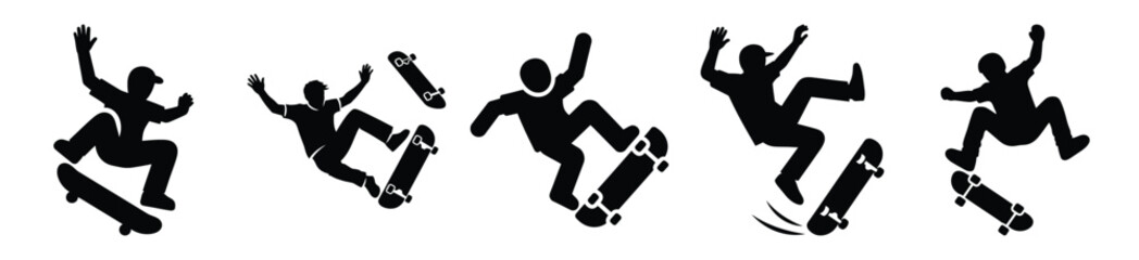 Silhouette of funny clumsy skateboard vector icon set. Funny silhouette design vector stock illustration