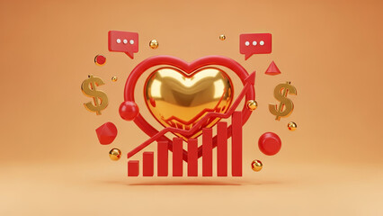 Gold heart with rising red chart and dollar signs. Financial growth and success concept for online dating or social media promotion.