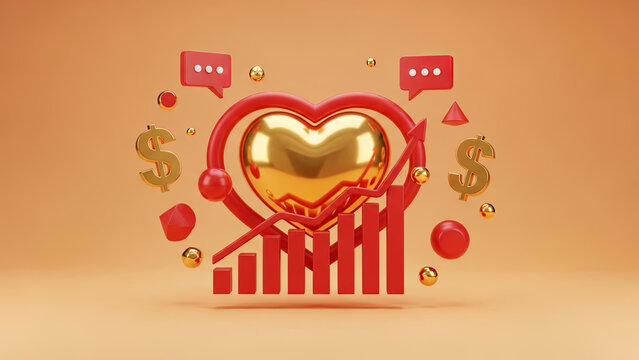 Gold heart with rising red chart and dollar signs. Financial growth and success concept for online dating or social media promotion. - Powered by Adobe