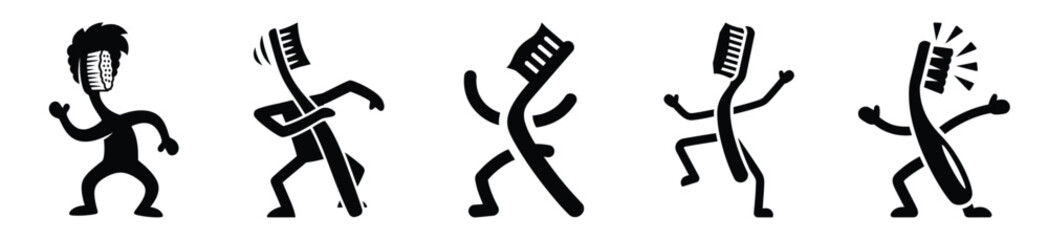 Silhouette of funny dancing toothbrush vector icon set. Funny silhouette design vector stock illustration