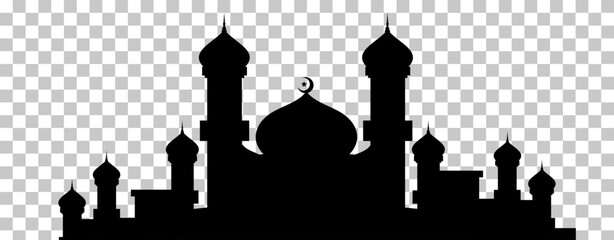 Fototapeta premium Black silhouette of a mosque with a central dome, crescent moon, and minarets against a transparent background, representing Islamic architecture and worship.
