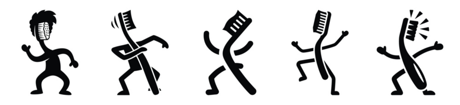 Silhouette of funny dancing toothbrush vector icon set. Funny silhouette design vector stock illustration