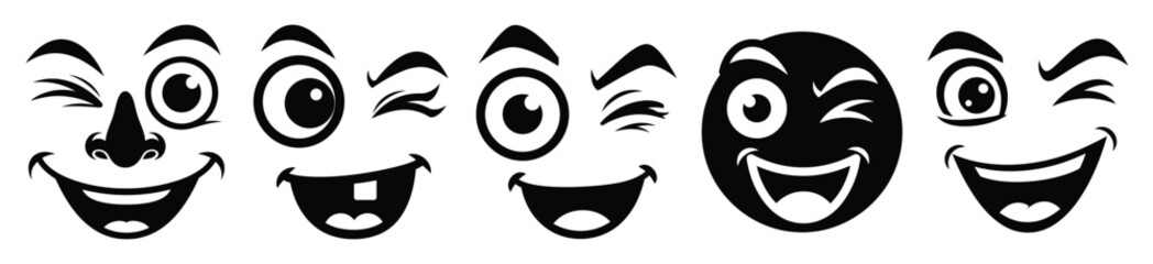Fototapeta premium Silhouette of funny exaggerated wink vector icon set. Funny silhouette design vector stock illustration
