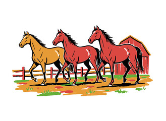 Three running horses illustration. Western ranch life artwork. Farm animals vintage design. Horse graphic print for t shirt print, poster, sticker, ba