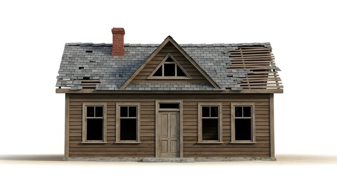 Front view of an old brown wooden house with gray shingle roof and exposed rafters old house brown house