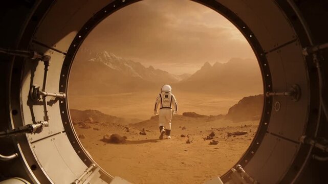 Astronaut on Mars walking toward rocky mountains on red planet surface. View through circular airlock of space station. Lockdown shot.