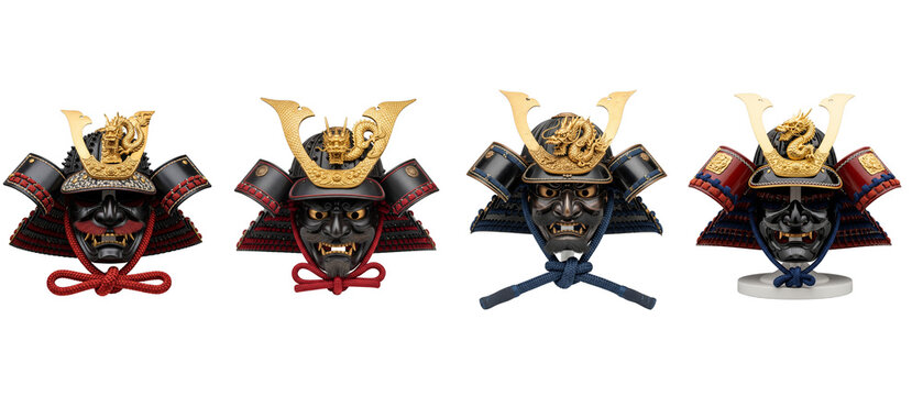 A collection of four traditional Japanese samurai kabuto helmets isolated on a white background.