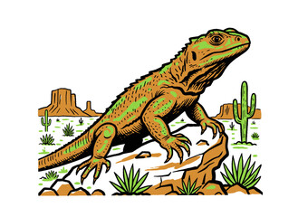 Obraz premium Desert reptile illustration artwork. Wild lizard on rock design. Southwestern landscape t shirt print, poster, sticker, background.