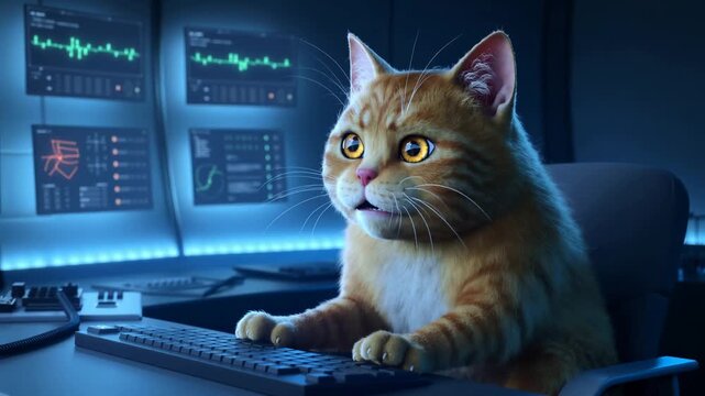 Ginger tabby cat working as system administrator in futuristic data center. Panning shot of feline sitting at computer desk with multiple monitors.