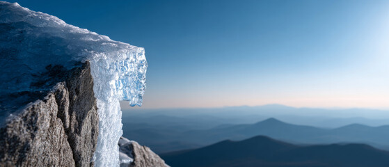Close-up of ice formation on rocky mountain peak with distant hazy mountain range under clear blue sky at sunrise or sunset