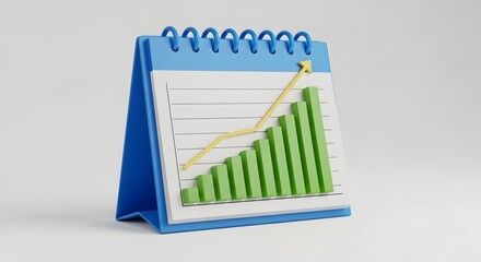 A 3d desktop calendar with a green bar graph and upward trend line on a white background with blue borders and rings