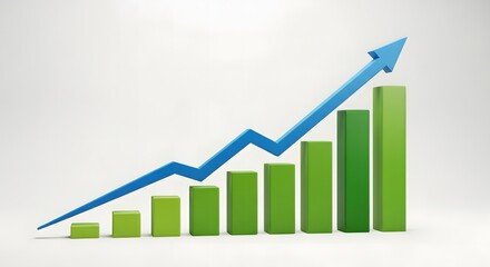 A green bar chart with a blue arrow showing growth and increasing trend in statistics or business data analysis