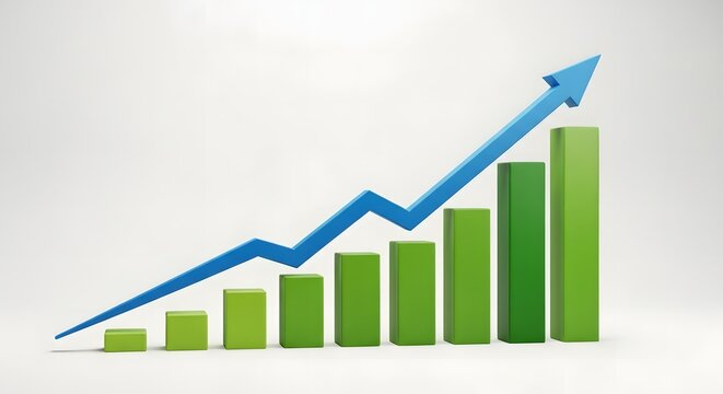 A green bar chart with a blue arrow showing growth and increasing trend in statistics or business data analysis - Powered by Adobe