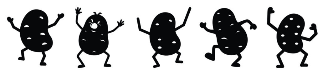 Silhouette of goofy dancing potato vector icon set. Funny silhouette design vector stock illustration