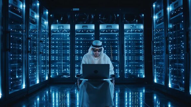 Arab IT specialist working on laptop in server room. Backward camera movement from close-up to wide shot.