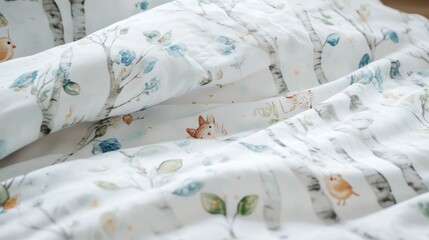 Charming watercolor design featuring birch grove with adorable animals cozy bedroom textile art natural atmosphere close-up view whimsical concept