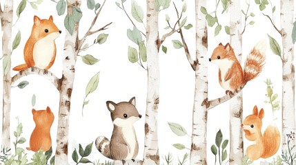 Charming woodland scene featuring adorable animals in birch trees watercolor illustration playful nature whimsical landscape artistic viewpoint