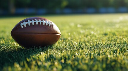 American football positioned on lush green grass field sports photography outdoor setting close-up viewpoint for dynamic action shots