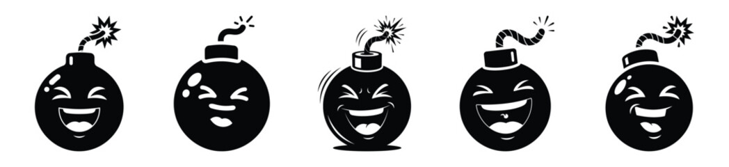 Silhouette of laughing cartoon bomb vector icon set. Funny silhouette design vector stock illustration