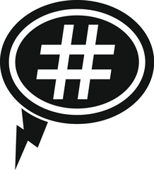 Obraz premium Hashtag icon on a speech bubble with a lightning tail in black and white