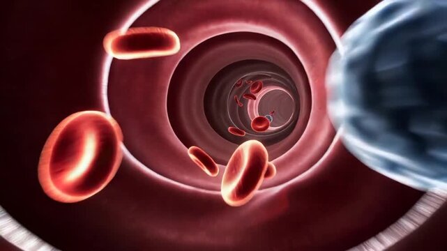Red and white blood cells flowing through human artery. Microscopic medical animation of circulatory system.