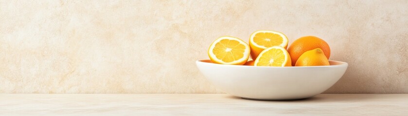 Bright Citrus Bowl Sliced oranges and whole fruits in a white bowl against a textured beige background, conveying freshness and simplicity. Citrus, Still Life