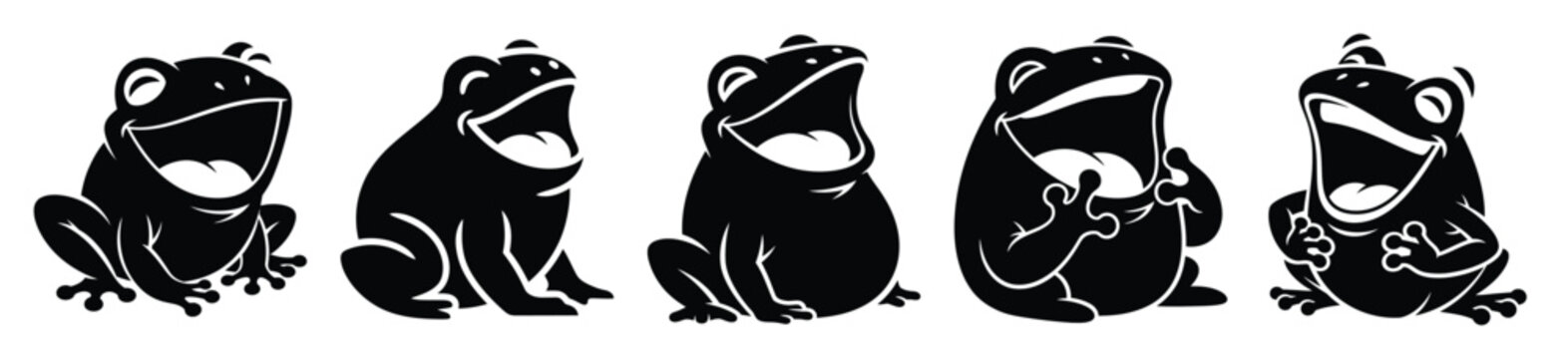 Silhouette of laughing frog cartoon vector icon set. Funny silhouette design vector stock illustration