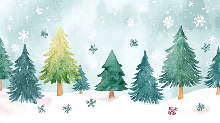 Obraz premium Charming watercolor pine trees in a winter wonderland nature art serene forest scene enchanting snowy environment artistic perspective