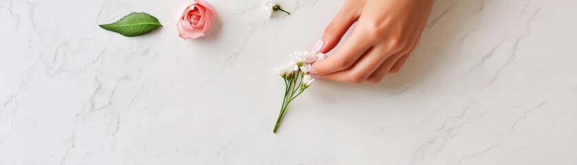 Fototapeta premium Delicate Hand Arranging White Flowers on Marble Backdrop, Minimalist Beauty, Spring Bloom, Delicate, Beauty, Nature, Spring