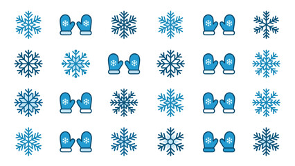 Winter snowflake and mitten icon set. Christmas vector collection. Blue gloves and snow crystals. Cold weather symbols. Holiday decoration. Geometric line art. Frosty ice shapes.