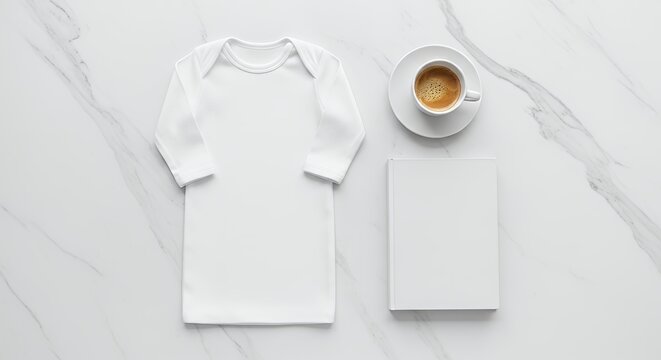 White Baby Sleepsuit and Coffee Cup Mockup on Marble