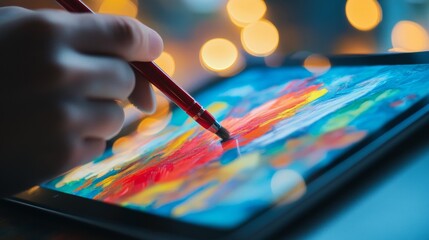 Graphic designer's hand selecting colors on tablet creative workspace close-up action shot artistic environment digital art concept