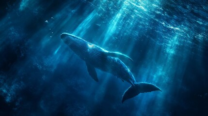 Fototapeta premium Majestic blue whale swimming deep in the ocean underwater scene marine life mysterious environment close-up viewpoint nature's wonder