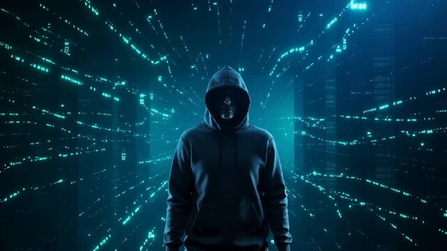 Digital intruder operating in virtual space. Male figure in dark hoodie surrounded by glowing data streams during camera pan and tilt.