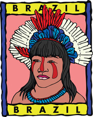 Obraz premium Indigenous Brazilian Woman with Feather Headdress – Folk Art Illustration