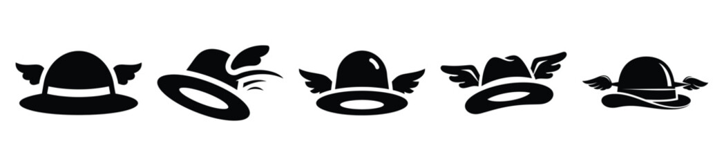 Fototapeta premium Silhouette of silly flying hat vector icon set. Funny silhouette design vector stock illustration