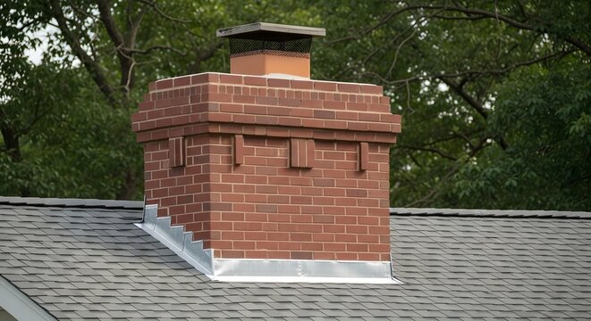 Red brick chimney with metal cap on gray shingled roof surrounded by green trees brickwork chimney cap