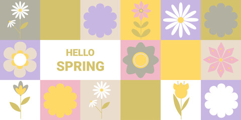 Hello, spring! Geometric banner with flowers, leaves, and abstraction. Pastel-colored template. Vector.