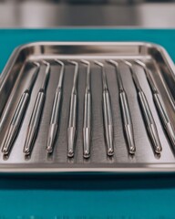 Close-Up of Stainless Steel Dental Tools Neatly Arranged on Tray