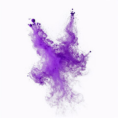 Colorful, isolated purple particles floating in a cloud of colored powder on white background